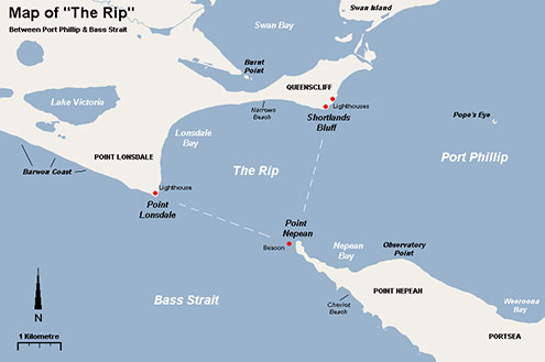 A map of The Rip and surrounding features