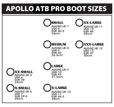 Apollo ATB Pro Boot Size Chart