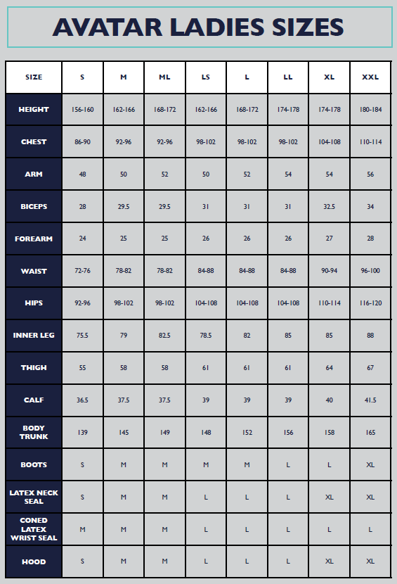 AVATAR Dry Suit Size Guide