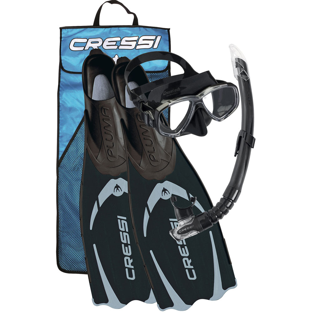 Cressi Pluma Pack - Mask Snorkel F-Foot Fins (8-12 yrs to Adult) - Click Image to Close