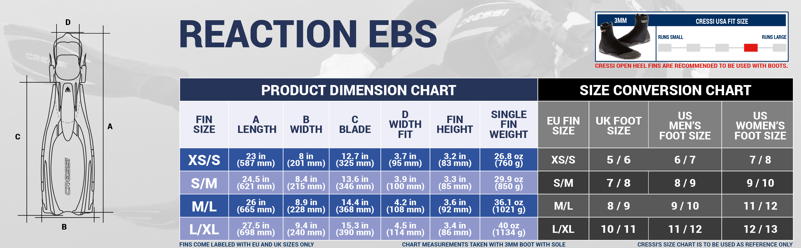 Cressi Pro Light Size Chart