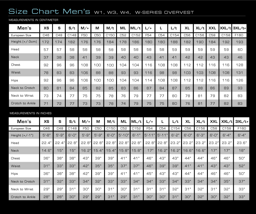 Northern Diver Size Chart